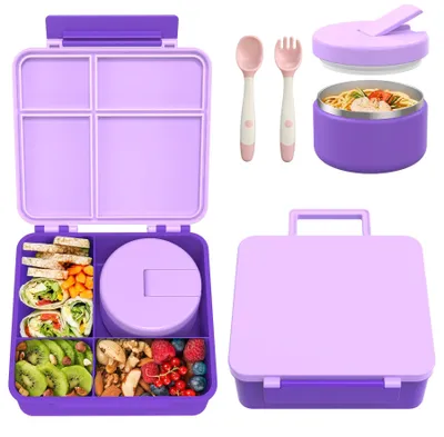 Zdjęcie produktu dla Zestaw lunchbox dla dzieci, szczelny, z pojemnikiem termicznym i 4 przegródkami - fioletowy