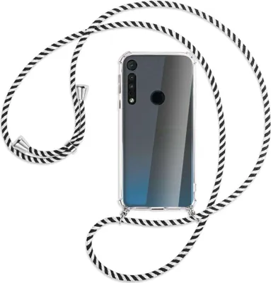 Produktbild von Handykette Backcover-Schutzhülle mit Band (Metall silberfarben) für Motorola One Macro - schwarz/weiß gestreift