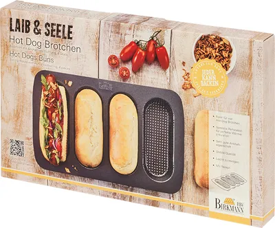 Produktbild von BIRKMANN 4er Hot Dog Brötchenblech, L 35 x B 22 cm, aus perforiertem Kohlenstoffstahl, Mit Antihaftbeschi