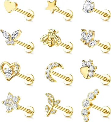 Zdjęcie produktu dla Tragus Helix Piercing Set 16G Stal chirurgiczna CZ Księżyc Serce Gwiazda Liść Kolczyki do przekłuwania 8mm Srebro Złoto