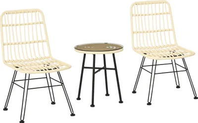 Image de Outsunny Ensemble bistro de jardin 3 pièces 2 chaises + table basse ronde verre trempé 2 coussins zippés déhoussables polyester résine tressée PE métal galvanisé Ø 45 x 50 cm crème