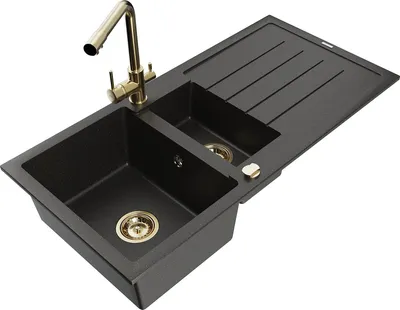 Produktbild von Mexen Andres 1,5-Becken-Granitspüle mit Abtropffläche und Mischbatterie Duero, Schwarz/Gold - 6515-75-671600-50