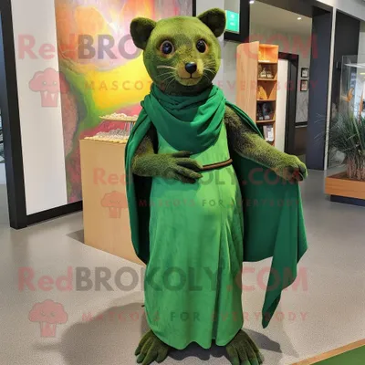 Productafbeelding van Groene Jaguarundi mascotte REDBROKOLY kostuum karakter gekleed met een maxi-jurk en sjaalspelden