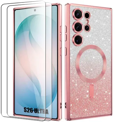 Image de Coque + 2 Verres Trempés pour Samsung Galaxy S26 Ultra, Protection Scintillante avec Anneau Magnétique Rose