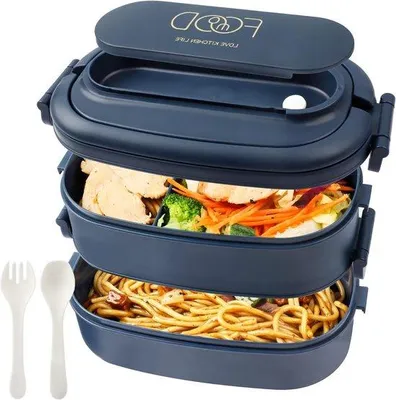 Immagine prodotto di Contenitore per il pranzo a due scomparti da 1550 ml per adulti, con tre scomparti e posate incluse, in plastica senza BPA
