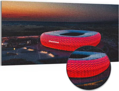 Produktbild von DEQORI Hybrid Leinwand Bild 100x50 cm 'Allianz Arena, München' Wandbild Glas flach modern