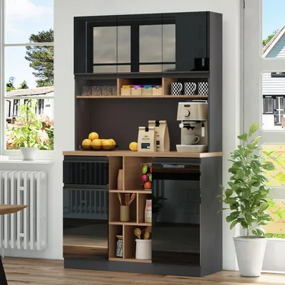 Immagine prodotto di Mobiletto da cucina, credenza, 105x45x185 cm, nero lucido, con cassetti e ripiani aperti