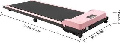 A pink and black motorized treadmill with dimensions indicated by measurement lines and text.