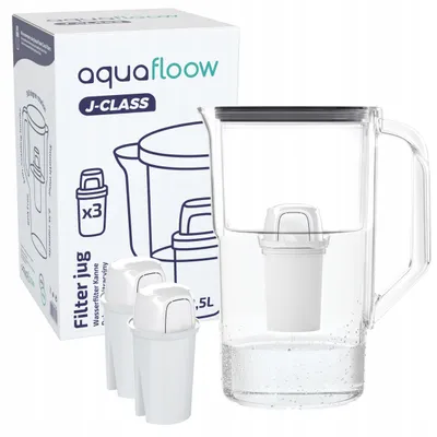 Zdjęcie produktu dla Dzbanek filtrujący AquaFloow 2,5 l czarny + 3 wkłady filtrujące – filtr wody pitnej redukuje zawartość wapnia, chloru, ołowiu i miedzi