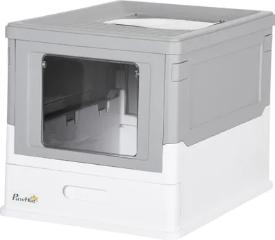 Image de Litière pour chat Katzenklo, 2 entrées, avec couvercle pliable, bac à litière, pelle à litière, en plastique, blanc et gris | 3,0 kg | 47,5 x 35,5 x 36,7 cm