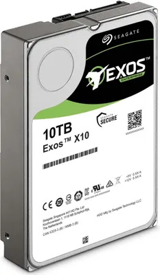 A Seagate Exos 10TB hard drive is shown from a slightly elevated diagonal angle against a white background.