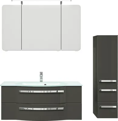 Produktbild von Pelipal Badmöbel-Set Serie 4005 BxHxT 150 x 200 x 49,1 cm Frontfarbe grau hochglanz mit Waschtisch Glas weiß, Waschtisch