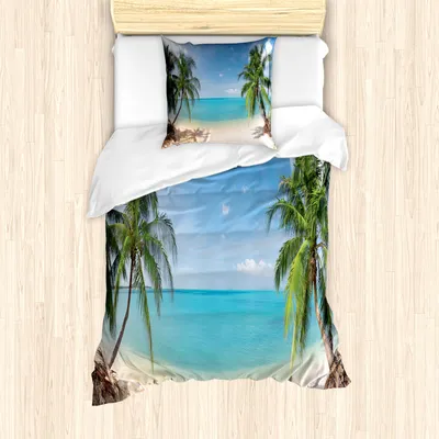 Produktbild von ABAKUHAUS Ozean Mantele, Panoramablick Strand, Milbensicher Allergiker geeignet mit Kissenbezügen, 135 cm x 200 cm - 80 x 80 cm, Pale Brown Türkis