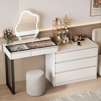 Obrázok produktu pre Toaletný stolík s LED osvetlením, zrkadlom, 5 zásuvkami, sklenenou doskou, v bielej farbe, v tvare "L", s možnosťou rozšírenia od 80 do 120 cm