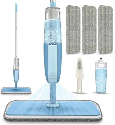 Zdjęcie produktu dla Mop podłogowy do czyszczenia podłóg - suchy mop do kurzu - spray - twarde drewno, laminat, płytki - płaski - z 3 ściereczkami z mikrofibry wielokrotnego użytku - do domu i biura