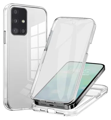 A clear protective phone case is shown from multiple angles, with one phone inside the case.