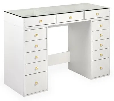 Image de MENZZO Coiffeuse moderne avec 13 tiroirs et plateau en verre transparent L120cm Probeauty Blanc
