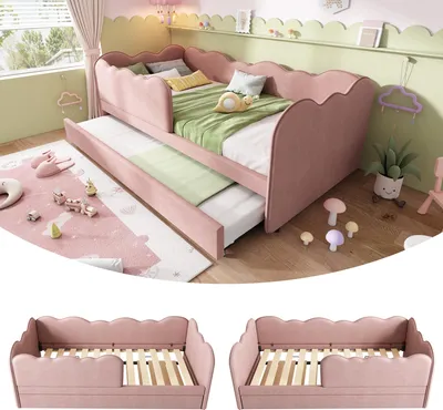 Immagine prodotto di Letto imbottito Sweiko daybed 90x190cm, divano letto daybed con letto estraibile 90x190cm, letto per bambini con rete a doghe, in velluto, rosa, senza materasso