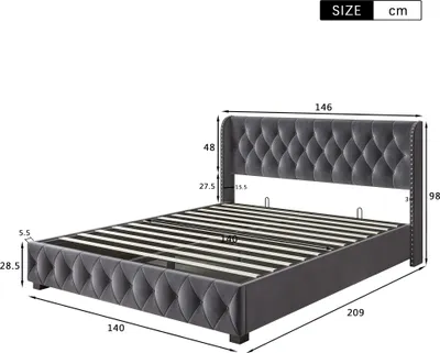 Image de Fortuna Lai Lit capitonné 140x200cm avec sommier à lattes, lit boxspring hydraulique avec coffre de lit et espace de rangement, velours lit double lit de rangement lit fonctionnel, gris foncé