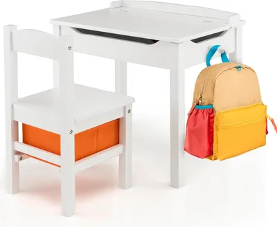 Image de Table et chaise pour enfants - Ensemble de meubles pour enfants - Plateau rabattable - Espace de rangement - Bois - Assemblage requis - Blanc