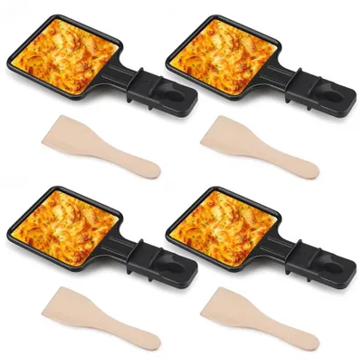 4 Mini-Raclette-Pfannen, antihaftbeschichtet, mit Holzspateln