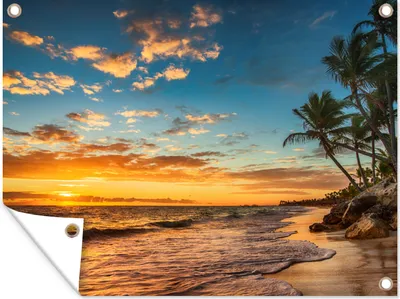 Produktbild von MuchoWow® 120x90 cm Outdoor-Poster Gartendeko Sichtschutz Garten Poster für den Garten  Strand - Sonnenuntergang - Meer - Palme