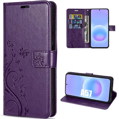 Image de Coque pour Samsung Galaxy A57 5G, Protection Rabat CuirPolyuréthaneViolet Foncé Motif Papillon Fleurs