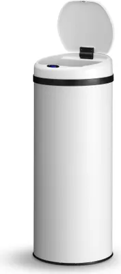 A white automatic trash can with its lid open, shown against a white background.