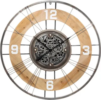 A close-up studio shot of a decorative wall clock with a mechanical gear design.