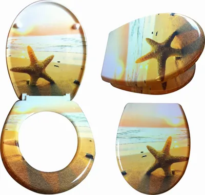 A collage of toilet seat and lid images featuring a beach scene with a starfish.