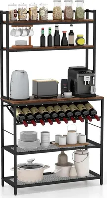 Immagine prodotto di Scaffale da cucina - Scaffale per microonde/forno - Portabottiglie fino a 10 bottiglie - Piano di lavoro - 4 ripiani - Struttura in ferro indipendente - Marrone