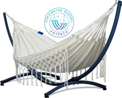 Produktbild von Potenza Outdoor Hängematte mit Verzinkter Gestell für 2 Personen I Medelin - 100% Baumwolle Doppelhängematte 230x160, 200kg I Hängemattengestell 220kg, wetterfest