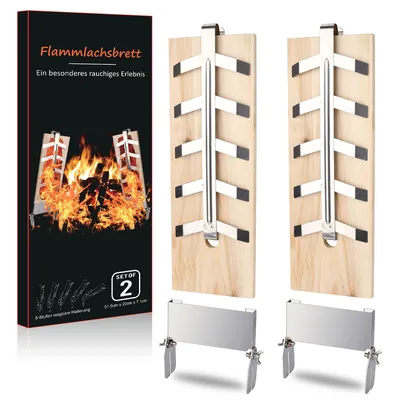 Produktbild von Yakimz Flammlachsbrett Räucherbrett 2er Set Holzplatten mit sehr stabilen Halterungen