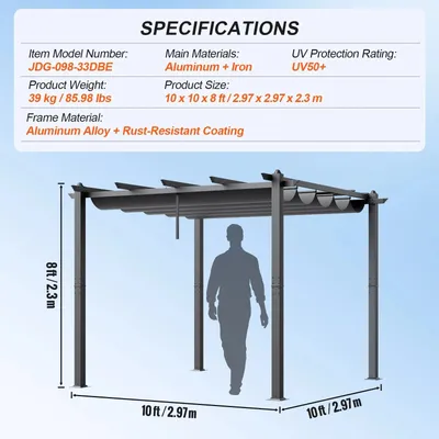 Imagen del producto de Pérgola ajustable con toldo retráctil de protección UV 50+ y estructura de aluminio de 3x3 metros, ideal para jardín y terraza