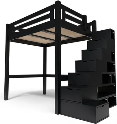 Produktbild von Hochbett in holz 160x200 Alpage mit treppenregal - Schwarz