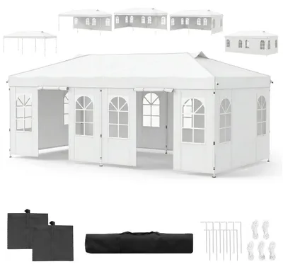 Produktbild von KOMFOTTEU Pavillon, 3 x 6 m Pop up Partyzelt höhenverstellbar, Faltpavillon mit 6 Seitenwänden & Fenstern, Gartenzelt mit Sonnenschutz, Faltpavillon mit Tragetasche & Reflexstreifen (Weiß)