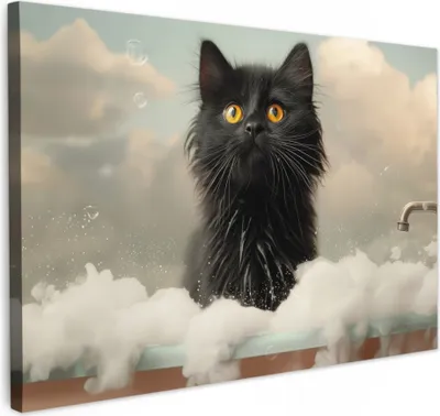 Produktbild von MuchoWow® - Leinwandbilder - Katze - Bad - Schwarz - Tiere - Schaumstoff, Wandbild, Wanddeko Bilder Wohnzimmer, 60x40 cm
