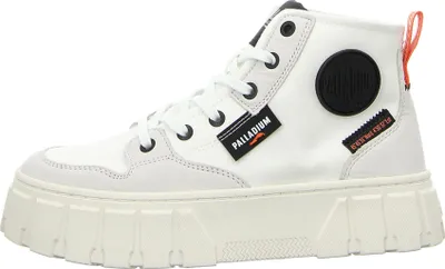 A side view of a white Palladium Plateau sneaker.