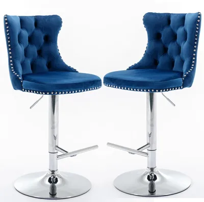 Produktbild von 2er-Set Samt-Barhocker - Höhenverstellbar - 360° Drehbar - Gepolstert - Metallgestell - Blau