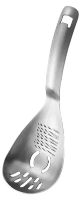 Produktbild von Multifunktionslöffel aus Edelstahl, Kartoffelstampfer, Eiertrenner, Flaschenöffner, Nudelsieb – tragbares, rostfreies Küchenutensil für Zuhause und unterwegs.