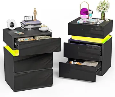 Produktbild von Nachtschrank 2er Set, Nachttisch schwarz mit led, 3 Schublade