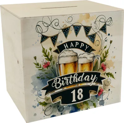 Produktbild von Happy Birthday 18 Bierkrug Spardose aus Holz