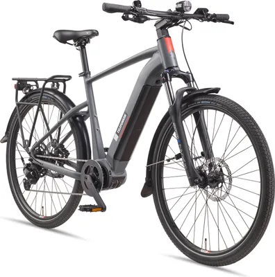 A studio shot of a grey Telefunken electric bicycle against a white background.