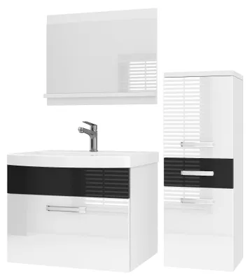 Immagine prodotto di Set di mobili da bagno BELINI PRI P2 90 cm bianco/nero lucido - Mobile da bagno moderno con lavabo e specchio, completamente accessoriato, montaggio a parete