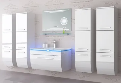 Produktbild von Badmöbel Set Badezimmerset Badmöbel weiß  Hochglanz Lackiert Fertig Montiert LED Kosmetik Touch System 60 cm