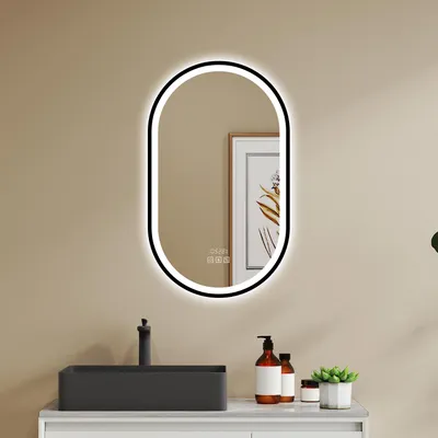 Produktbild von LED Badspiegel Oval 45×75cm mit Beschlagfrei Bluetooth Uhr 3 Lichfarbe dimmbar Spiegel mit Schwarzem Rahmen