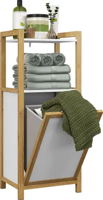 Produktbild von HOMCOM Bambus-Badezimmerschrank, freistehend, mit Wäschekorb, 2 Ablagen, platzsparend, 40 x 30 x 86,5 cm, Weiß
