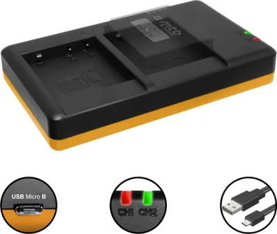 Produktbild von Dual-Ladegerät (USB) für Panasonic DMW-BLE9(E), BLG10(E) / DMC-GF6, GX7, GX80,TZ91, TZ101 ... / Leica BP-DC15 - inkl. Micro-USB-Kabel (2 Akkus gleichzeitig ladbar)