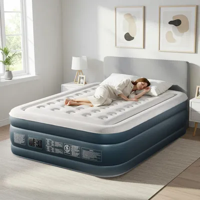 Produktbild von FCH Aufblasbare Matratze 2 Personen,Luftmatratze mit eingebauter Pump ， mit weichem Fliqué, für Camping, Haus, Gäste, 203 x 153 x 45 cm, weiß und grau