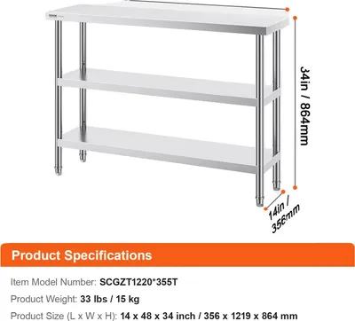 Zdjęcie produktu dla Stół do przygotowywania żywności, stal nierdzewna, regulowana dolna półka, 14x48 cali
